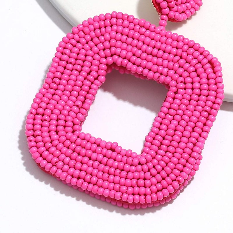 Boderier Beaded Drop Hot Pink Earrings Bohemian Wire Wrapped Beaded Square Hoop Dangle Statement Earrings (Hot Pink) - Image 4